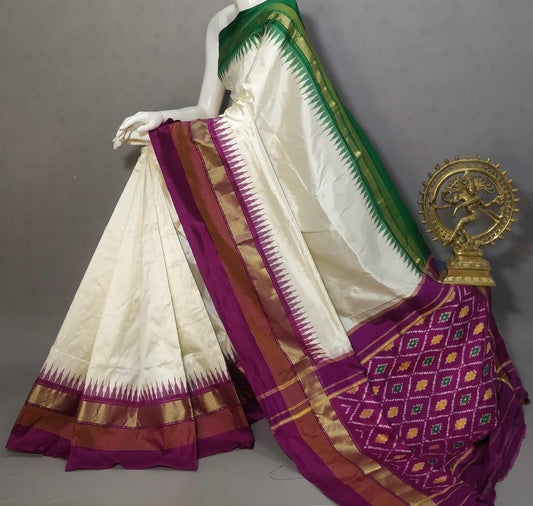 Off white - Pink & Green Pochampally Pattu Saree