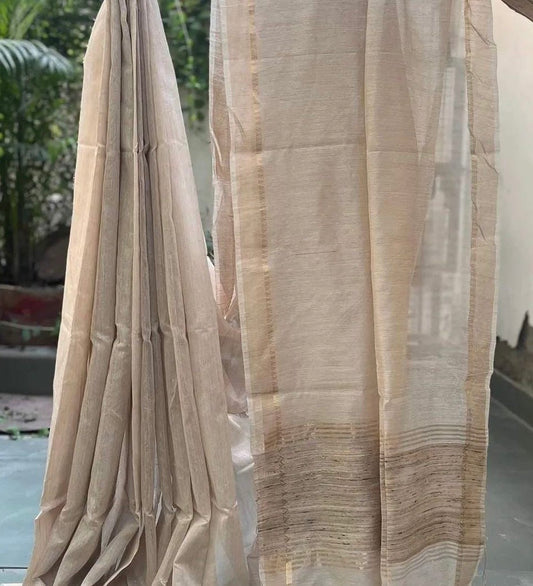 Beige Muga Tussar Silk Handloom Saree