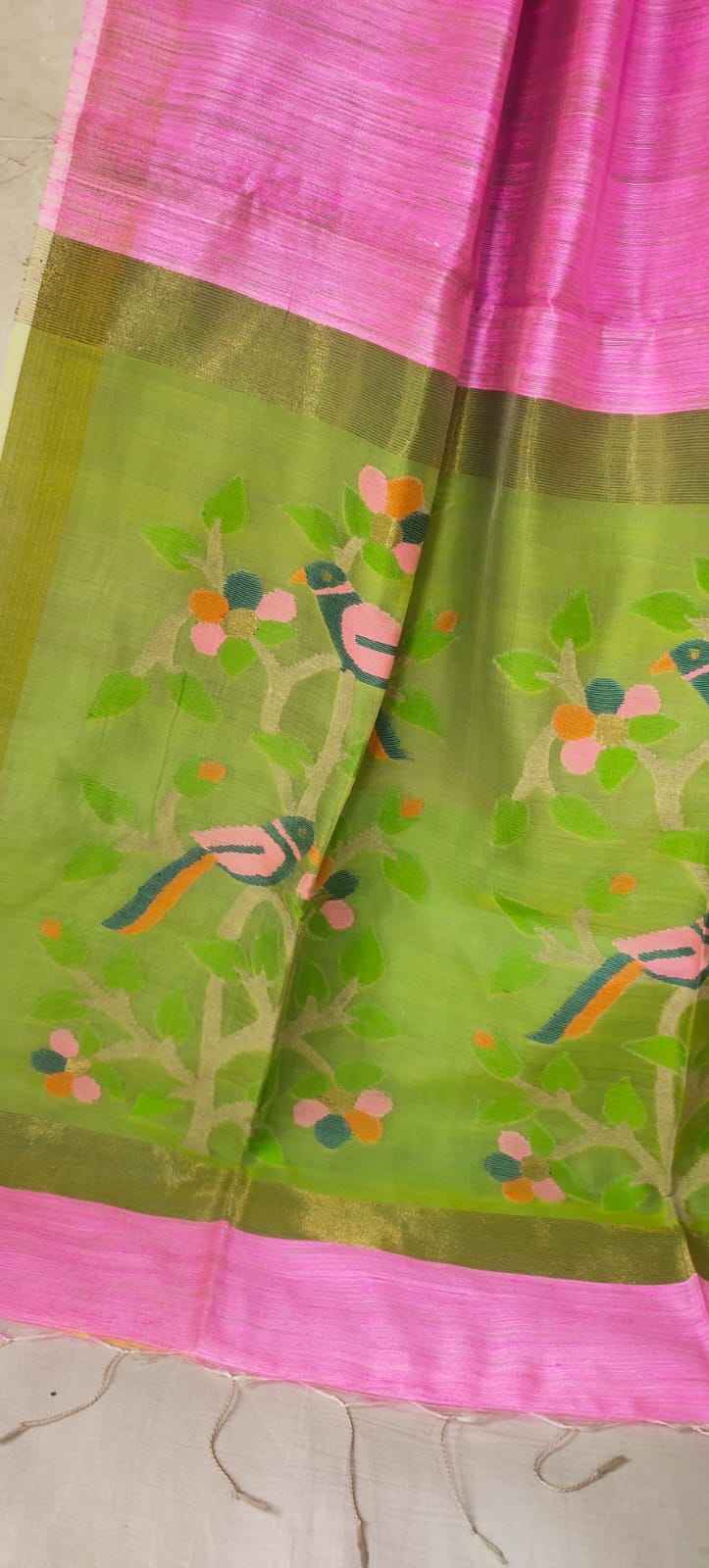 Pink & Green Matka Muslin Jamdani Saree