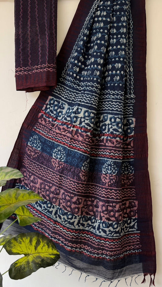 Dark Blue  Vanaspati Ajrakh Linen Saree
