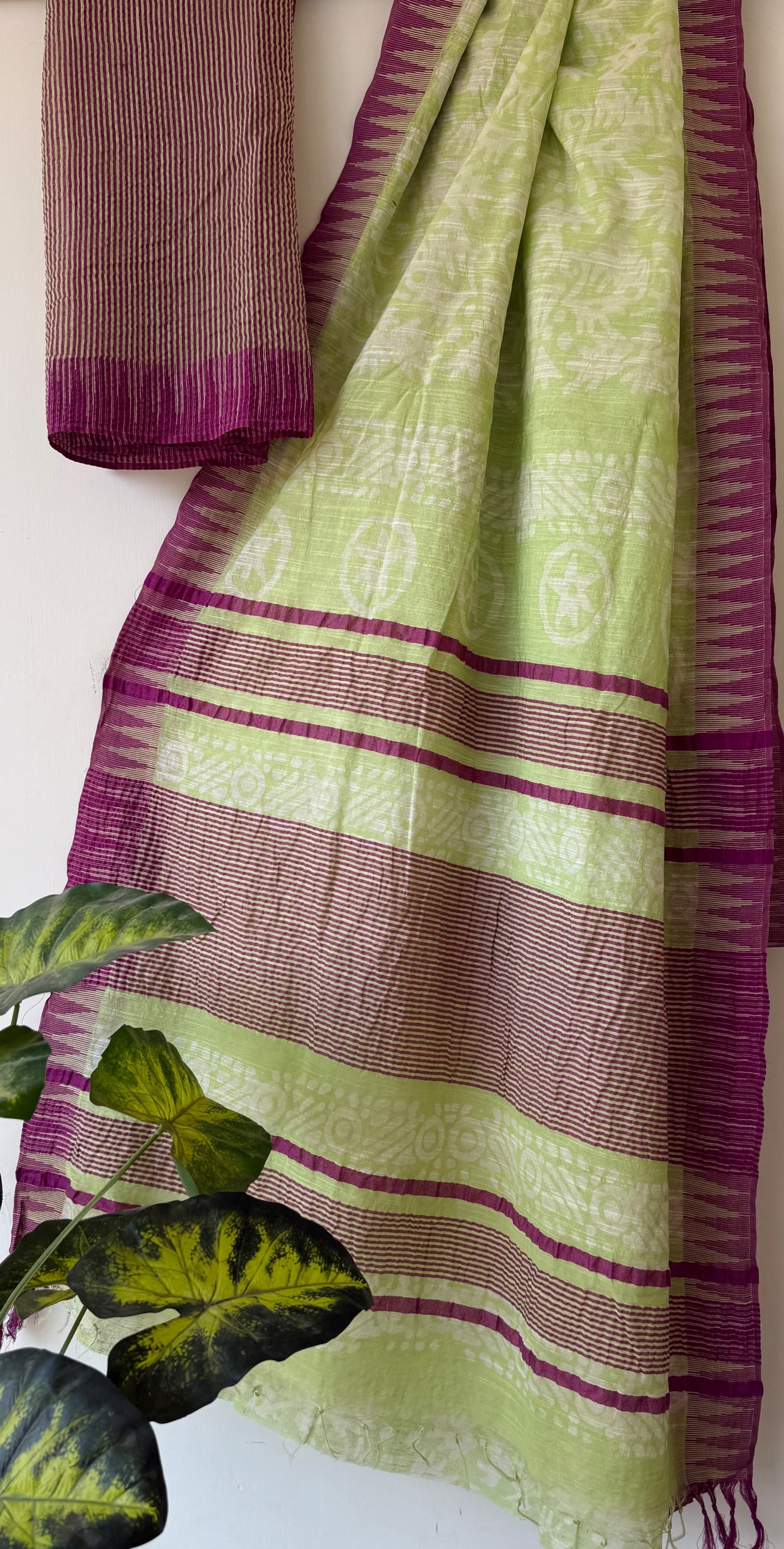 Light Green Vanaspati Ajrakh Linen Saree