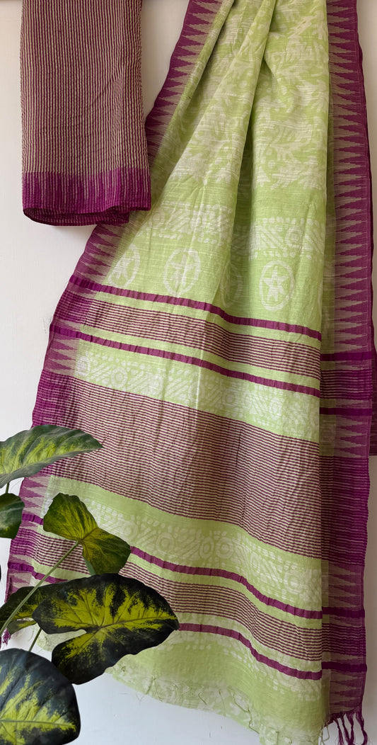 Light Green Vanaspati Ajrakh Linen Saree