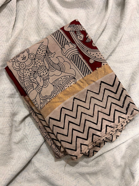 Maroon & Beige Kalamkari Saree in Chennuri Silk