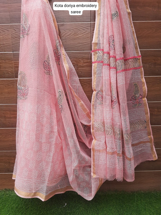 Peach Kota Doria Embroidery Saree