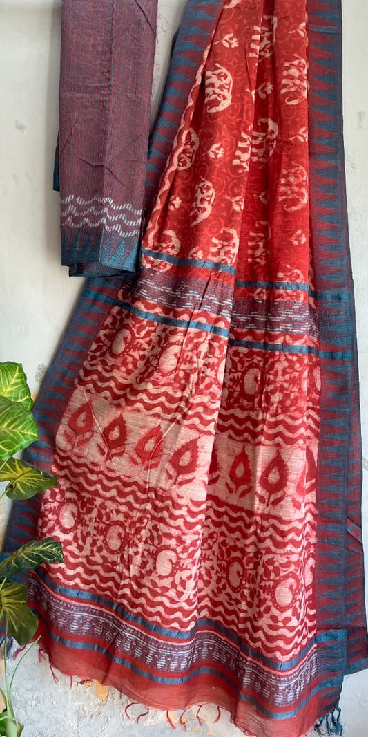 Orange Vanaspati Ajrakh Linen Saree