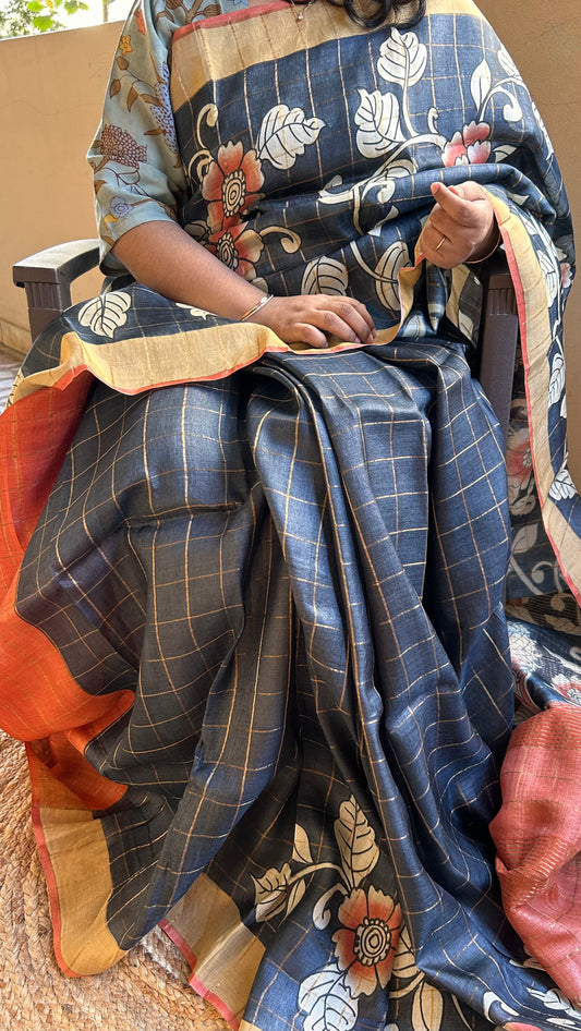 Black Pure Tussar silk saree