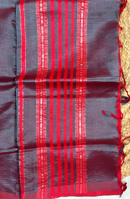Red & Green Mangalagiri Pattu Saree with Silver Zari Lines