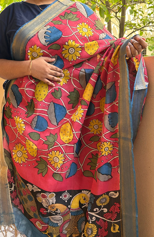 Dusty Pink Pen Kalamkari Dupatta in Bangalore Silk