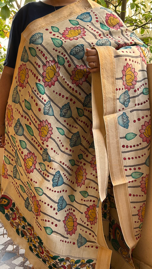 Beige Pen Kalamkari Dupatta in Bangalore Silk