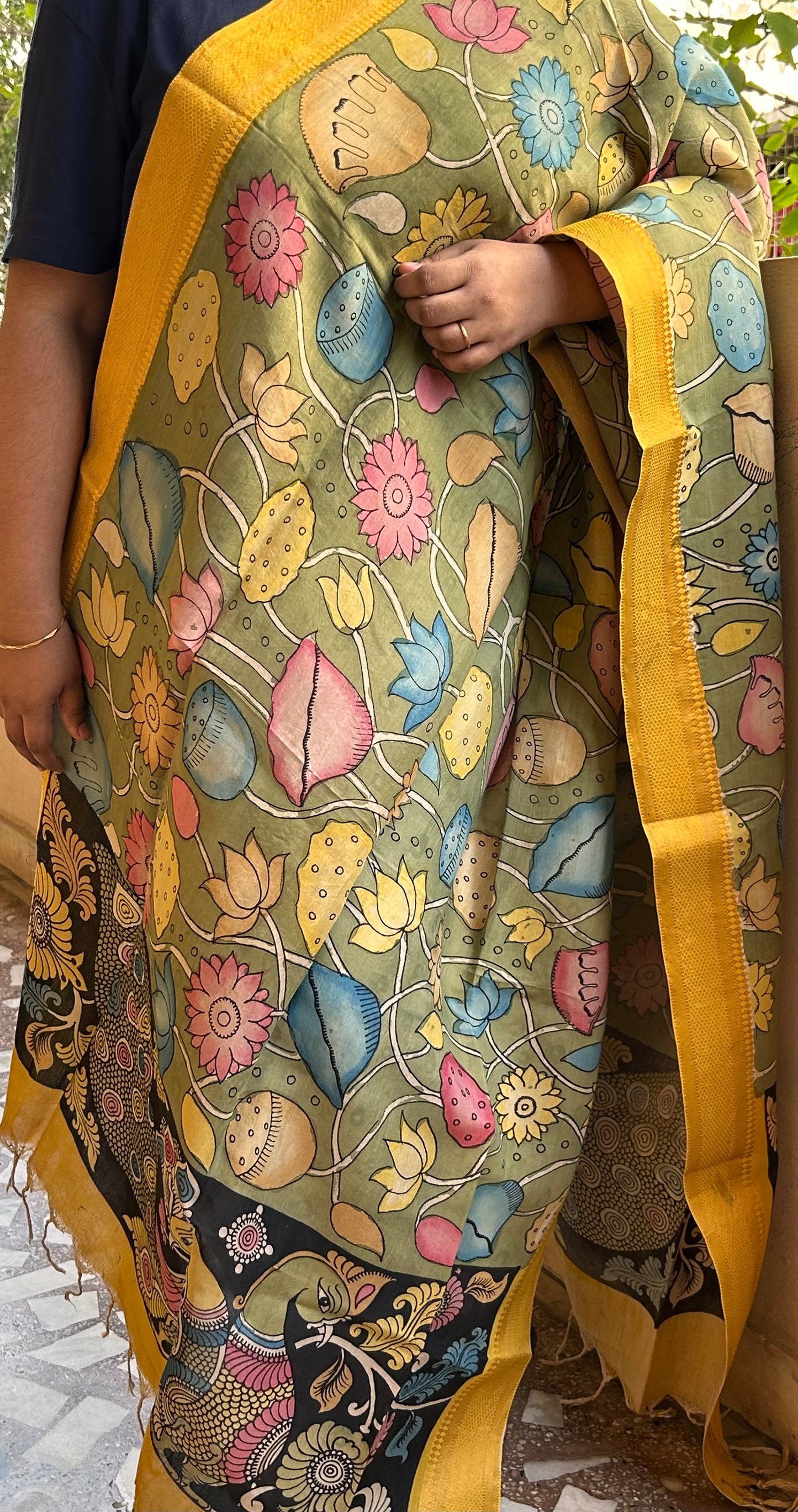 Mustard Green Pen Kalamkari Dupatta in Bangalore Silk