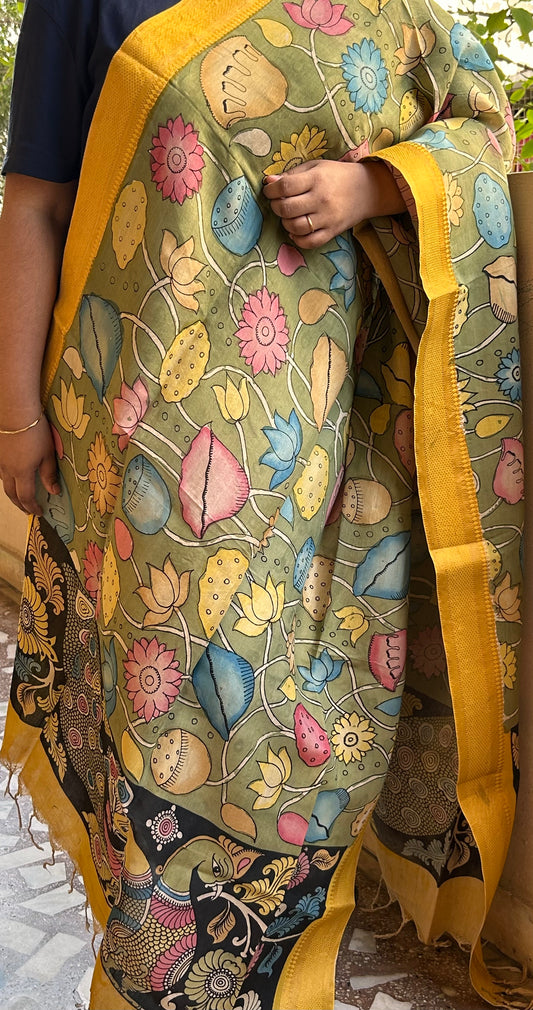 Mustard Green Pen Kalamkari Dupatta in Bangalore Silk