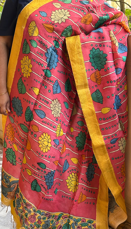 Pink Pen Kalamkari Dupatta in Bangalore Silk