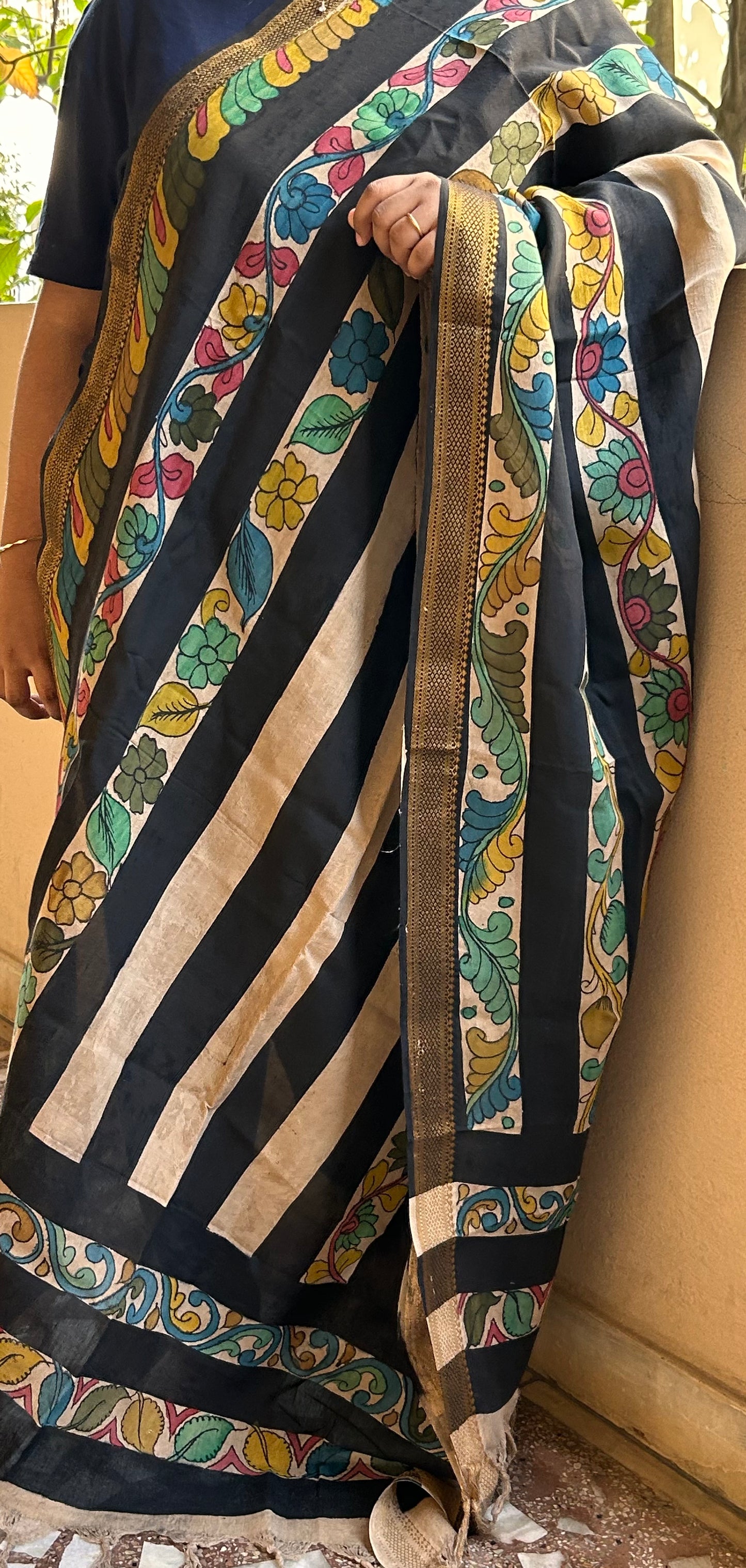 Black & Beige Pen Kalamkari Dupatta in Bangalore Silk