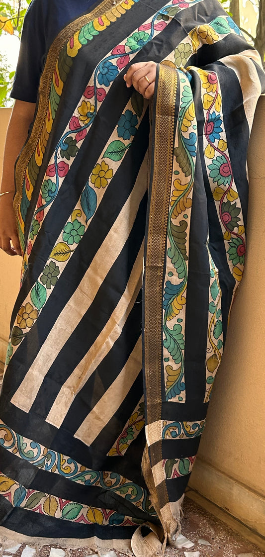 Black & Beige Pen Kalamkari Dupatta in Bangalore Silk