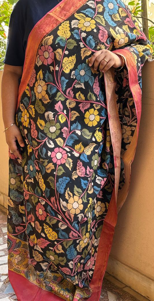 Black Pen Kalamkari Dupatta in Cotton