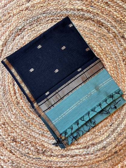 Slate Green & Black Maheswari Silk Cotton Handloom Saree