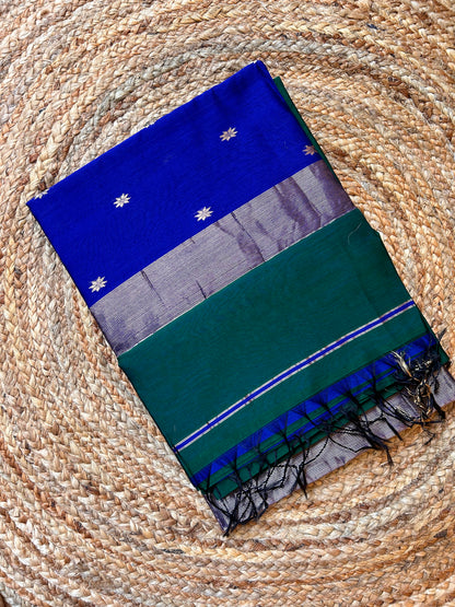 Green & Blue Maheswari Silk Cotton Handloom Saree