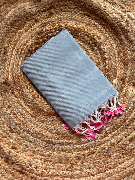 Gray & Pink Mangalagiri Pattu Saree with Silver Zari Lines