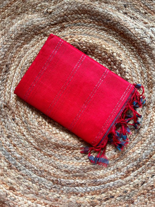 Red & Green Mangalagiri Pattu Saree with Silver Zari Lines