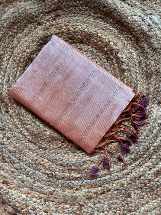 Light Peach & Magenta Mangalagiri Pattu Saree with Silver Zari Lines