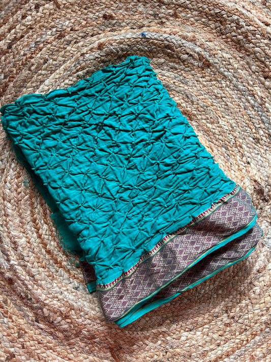 Teal Green Bandhini Cotton Saree