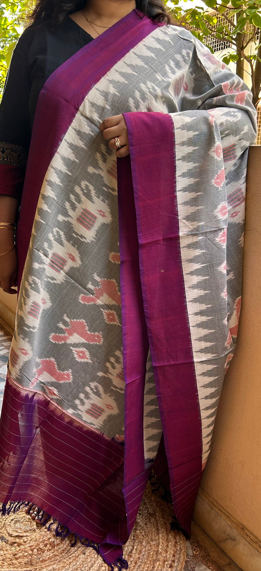 Gray and Violet Handloom Ikkat Cotton Dupatta