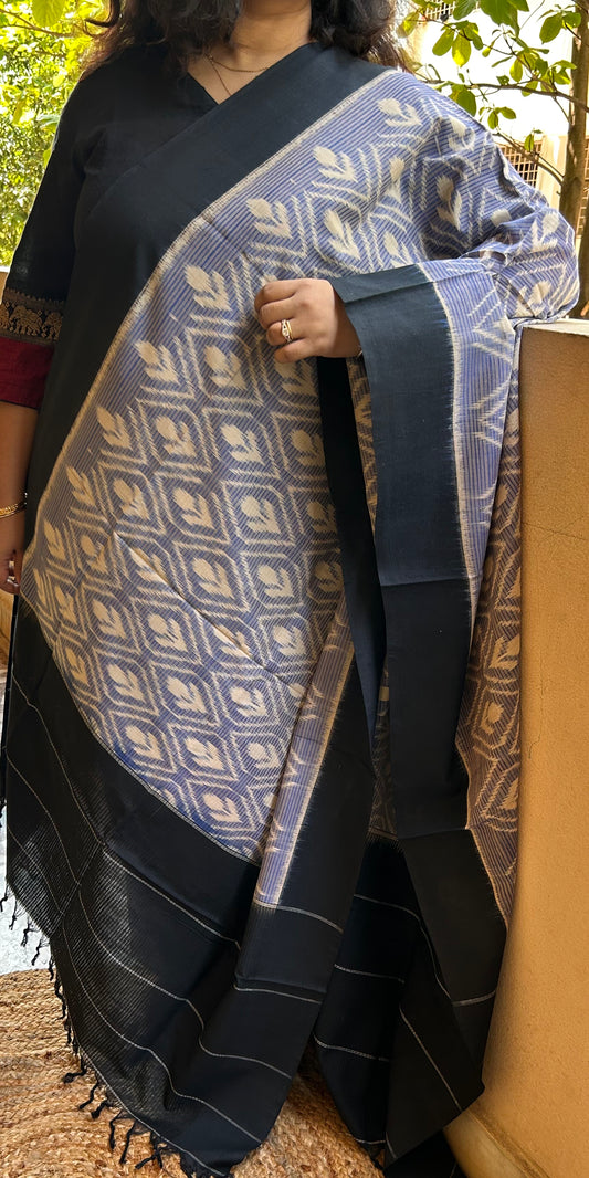 Grey , Beige and Black Handloom Ikkat Cotton Dupatta