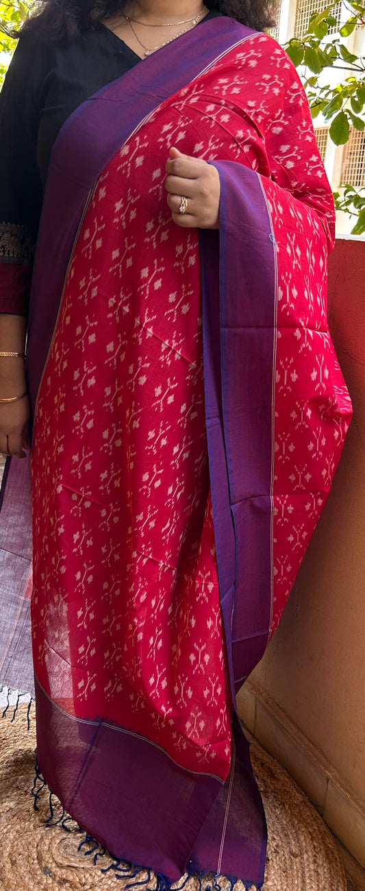 Red and Purple Handloom Ikkat Cotton Dupatta