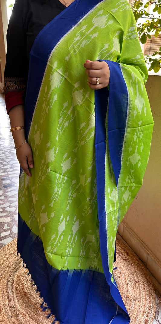 Parrot Green and Royal Blue Handloom Ikkat Cotton Dupatta