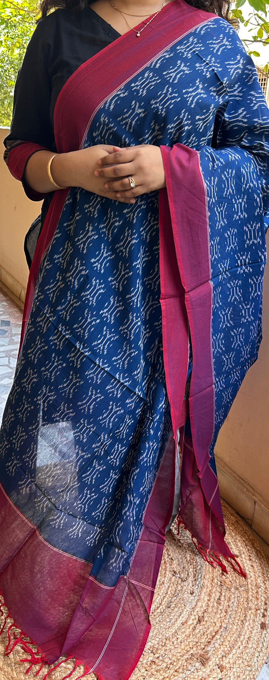 Blue and Reddish Purple Handloom Ikkat Cotton Dupatta