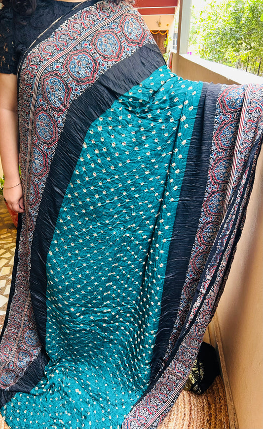Bottle Green Ajrakh Modal Bandhini Saree