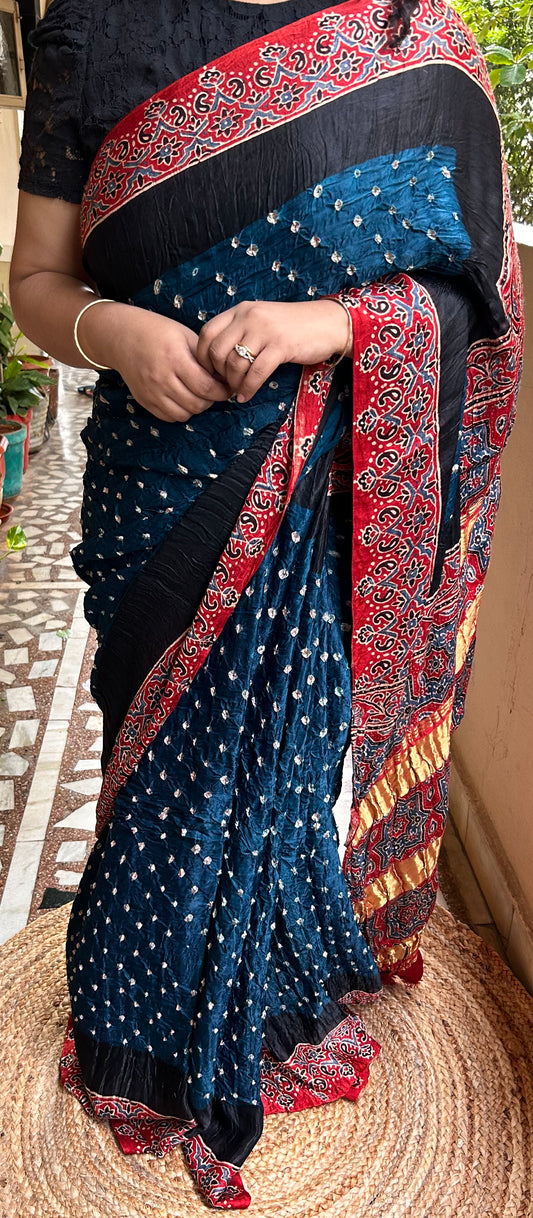 Peacock Green Ajrakh Modal Bandhini Saree