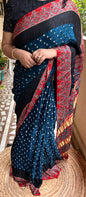 Peacock Green Ajrakh Modal Bandhini Saree