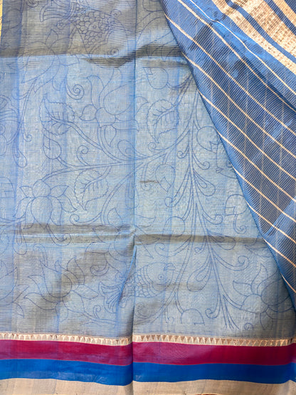 Lime Green Screen Printed Mangalagiri Pattu Saree