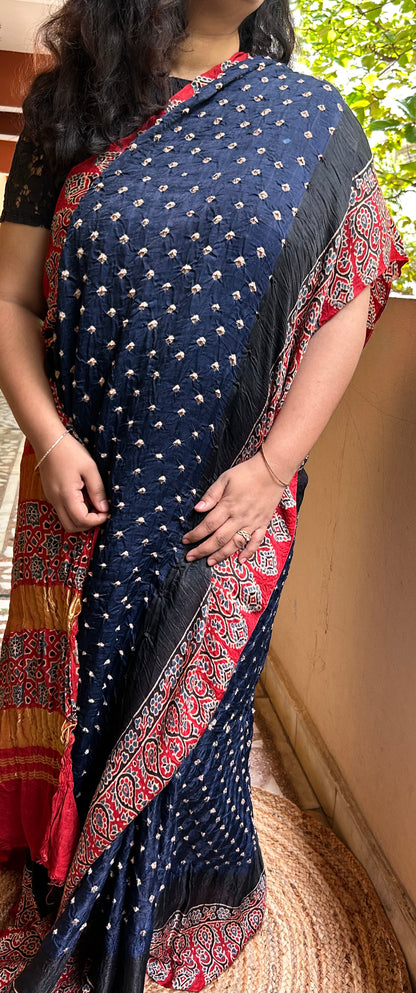 Dark Royal Blue Ajrakh Modal Bandhini Saree