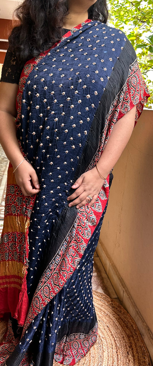 Dark Royal Blue Ajrakh Modal Bandhini Saree