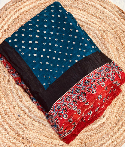 Peacock Green Ajrakh Modal Bandhini Saree
