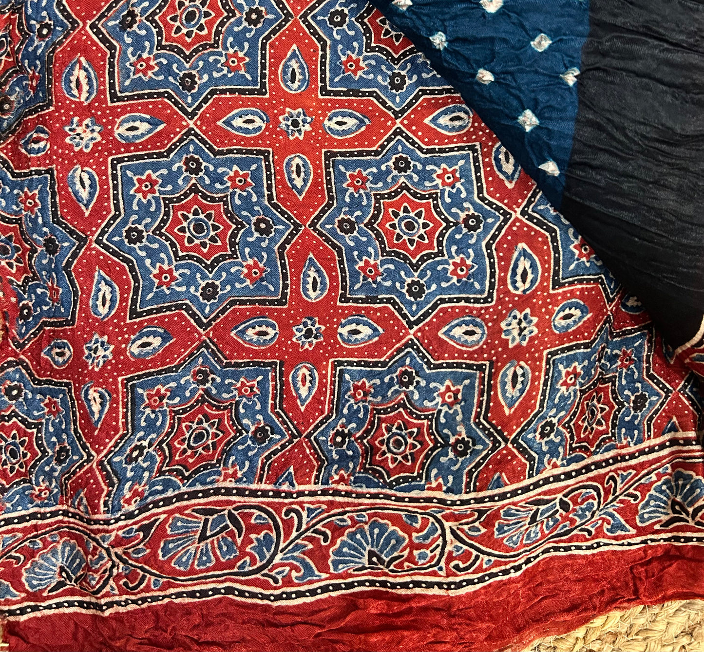 Peacock Green Ajrakh Modal Bandhini Saree
