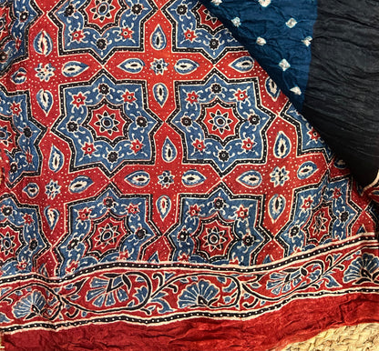 Peacock Green Ajrakh Modal Bandhini Saree