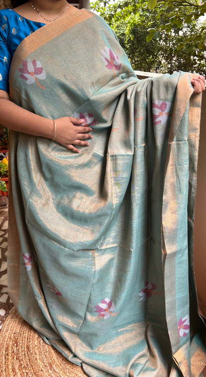 Powder Blue Linen Tissue Saree