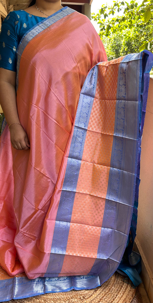 Peach & Blue Mangalagiri Pattu Saree