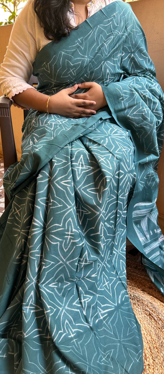 Teal Needle Shibori Mul Cotton Saree