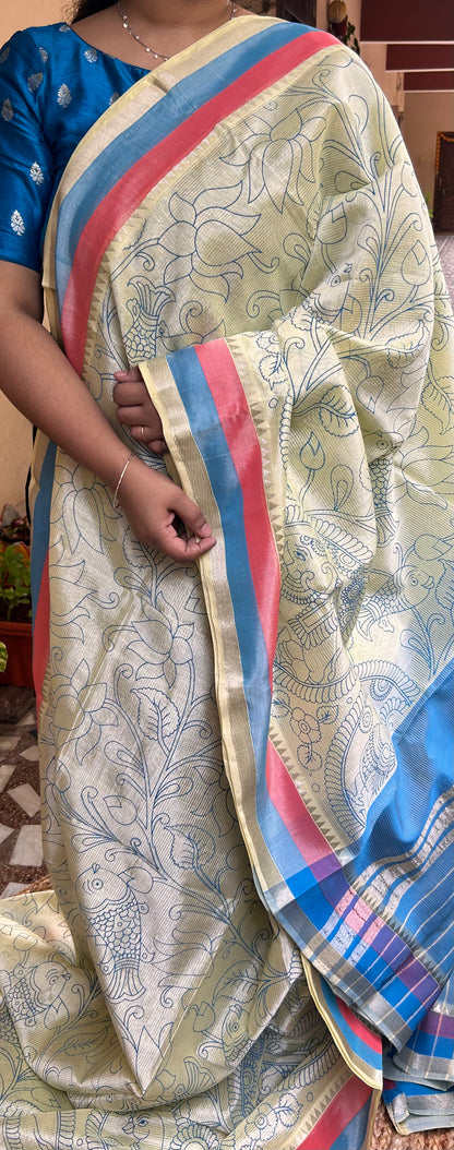 Lime Green Screen Printed Mangalagiri Pattu Saree