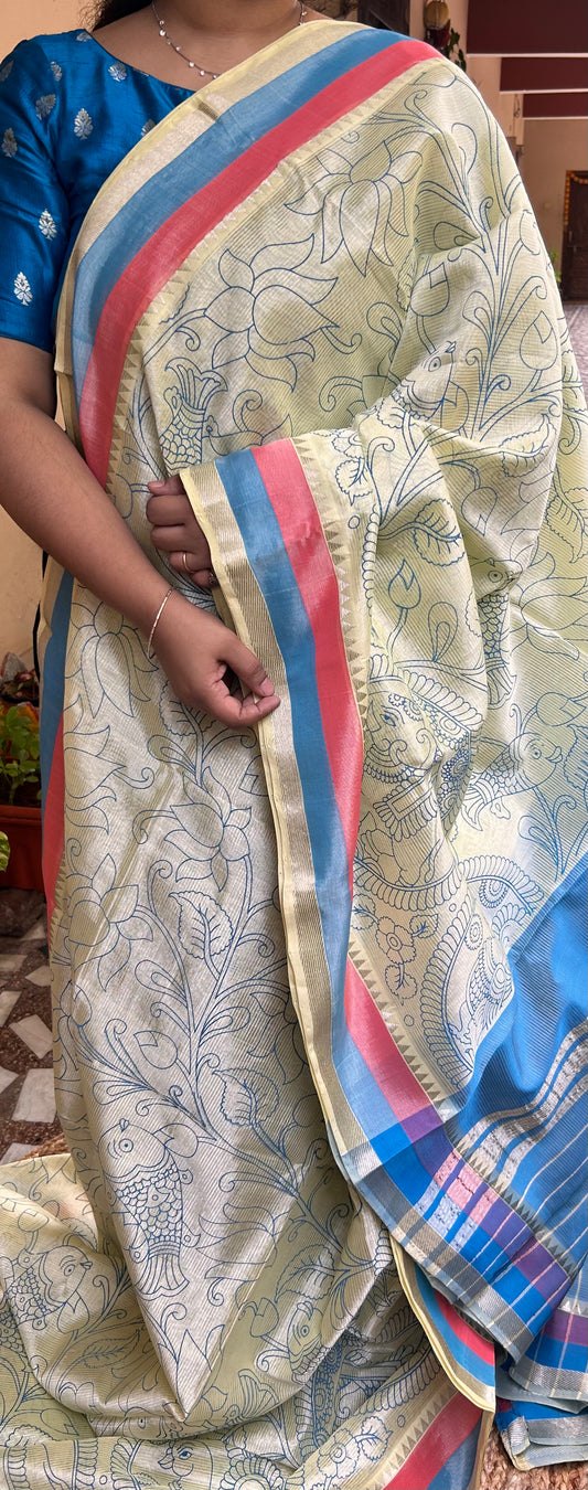 Lime Green Screen Printed Mangalagiri Pattu Saree