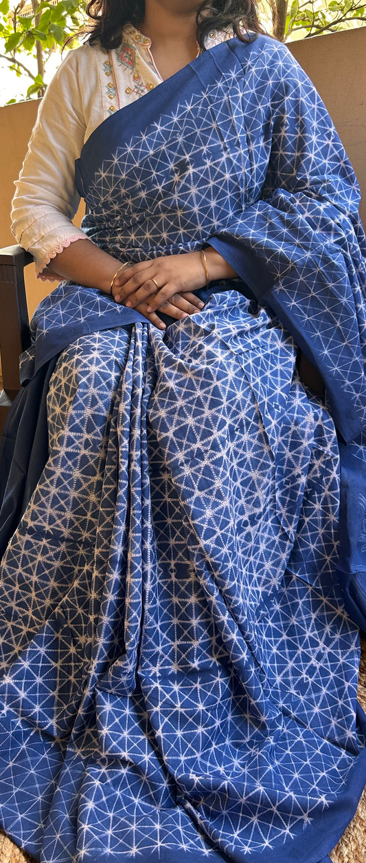 Navy Blue Needle Shibori Mul Cotton Saree