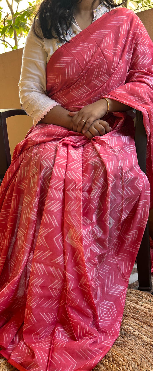 Light Red Needle Shibori Mul Cotton Saree