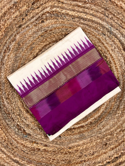 Off white - Pink & Green Pochampally Pattu Saree