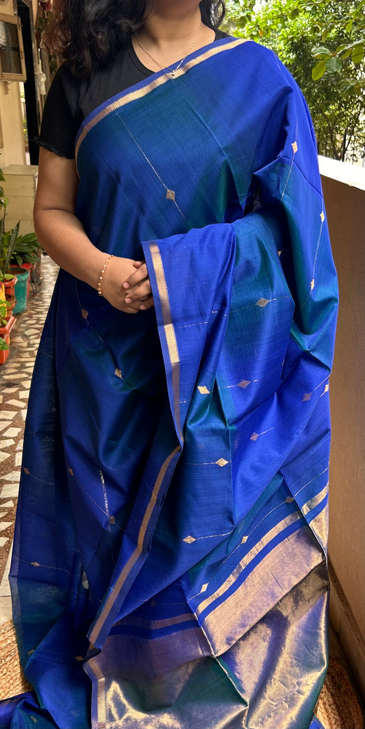 Peacock Blue Maheswari Silk Cotton Handloom Saree