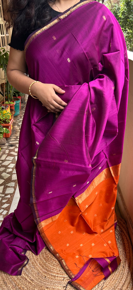Violet & Orange Maheswari Silk Cotton Handloom Saree
