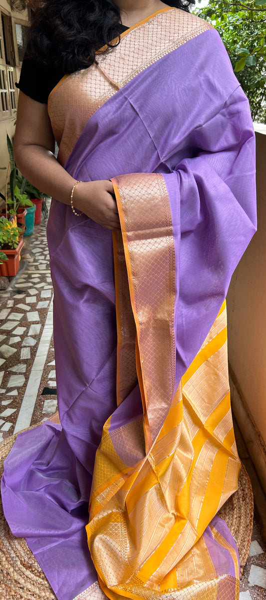 Lavender & Mustard Maheswari Silk Cotton Handloom Saree